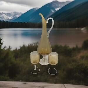 Vintage Venetian Murano Italy Glass Decanter Set Amber Twisted Italian Pitcher